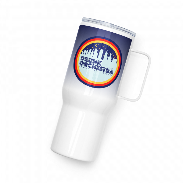 Drunk Orchestra travel mug tumbler with handle